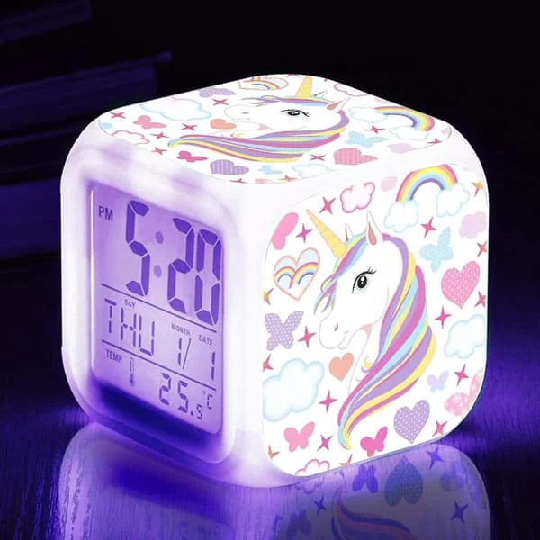 1 st barnväckarklocka, enhörningsnattlampa barnväckarklocka med 4-sidigt enhörningsmönster och 7 sorters LED-glödande väckning CJ-JX-0805003604