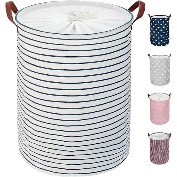 1 st 45 cm fristående tvättkorg med lock (blårandig, M) XJQQ-123769-1