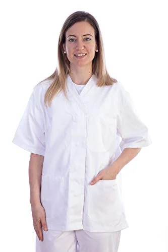 Gima Bomull & Polyester, Hospital uniform, Vit, V ringning, 5 knappar, Kvinnors storlek S, för läkare, veterinärer, sjuksköterskor och hälso sjukvårdspersonal 8023279215625