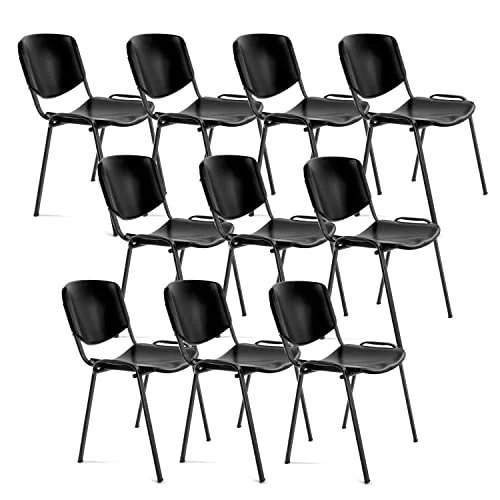 OFITURIA Kontorsstol utan hjul, pålitlig metallram plaststol, stol för väntrum, mottagning, möten, konferenser, osv. (10 stolar, svart) 8435677610467