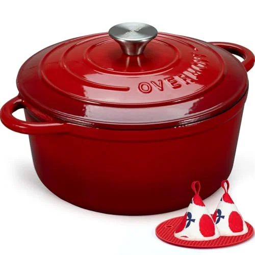 Overmont 4,2 L emaljerad gjutjärn rund gryta med lock kokbok & bomull grytlappar non stick holländsk ugn köksredskap för flätning, grytor, rostning, bröd bakning röd, 24 cm 5060990789892