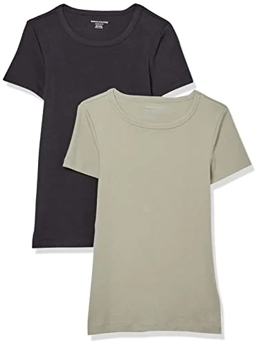 Amazon Essentials Women's Kortärmad T shirt med rund hals smal passform, Pack of 2, Salviagrön/Svart, M 196433135409