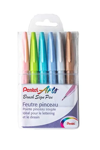 Pentel Arts Brush Sign Pen SES15C/6PASTEL, påse med 6 penselpennor i pastellfärger 3474372223171