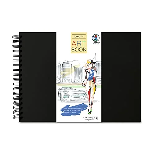 Ursus 25210090 Art Book Cream 200 g/kvm med stabil spiralbindning, vattenavvisande inbunden i svart, skyddar konstverk och textningsskisser 4008525250647