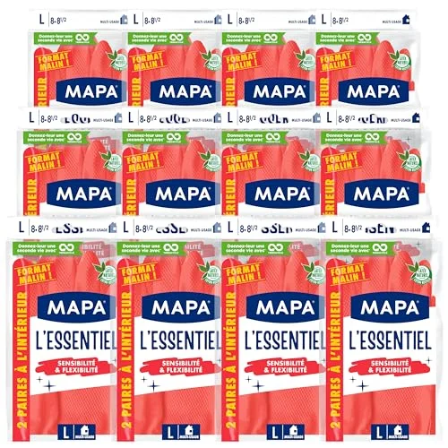 MAPA Spontex The Essential 24 hushållshandskar i bomullsfibrer latex känslighet och flexibilitet halkfri beläggning 12 pack med 2 par storlek L 3384120299849