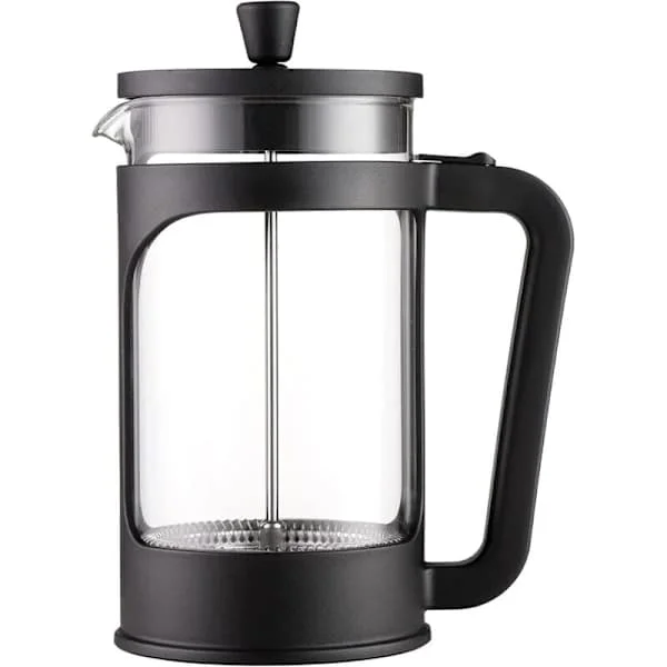 1 liter/34 oz Franskpress kaffe-/tebryggare tillverkad av värmebeständigt borosilikatglas, filter i rostfritt stål och svart lock. XJQQ-102529-1