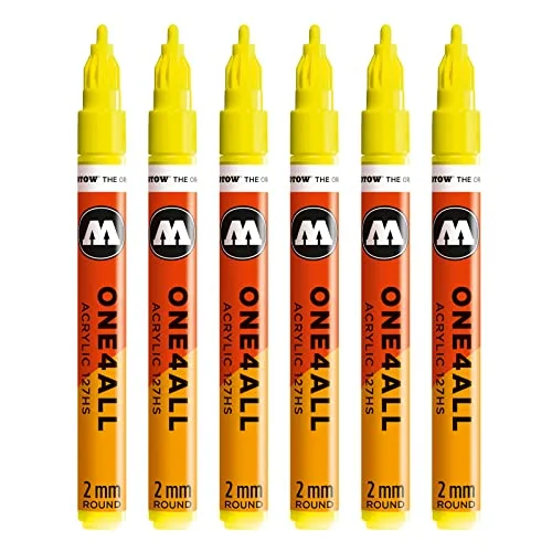 Molotow One4All 127HS akrylmärkpenna (2,0 mm linjetjocklek, hög täckning och permanent, UV-beständig, för nästan alla ytor) 6 stycken färger 220 neongul flouresande 4250397626505
