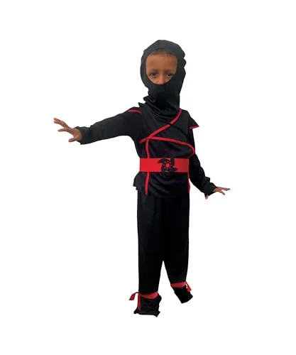 RUBIE'S Entrénivå ninja barnförklädnad storlek 57 år dräkt för karneval, födelsedag topp med byxor och rött bälte "Shuriken", Balaclava ingår 3527079072143