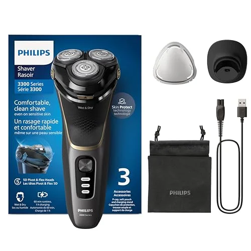 Philips Electric Shaver 3000 Series elektrisk rakapparat för våt och torrakning män med SkinProtect teknik i Deep Black, uppfällbar skäggtrimmer, laddningsställ, resefodral (modell S3342/13) 8720689018623