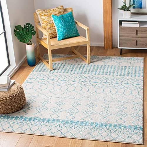 Safavieh Boho Chic inomhusvävd rektangulär matta, Tulum kollektion, TUL229, i elfenben/turkos, 122 x 183 cm för vardagsrum, sovrum eller valfritt inomhusutrymme 889048973787