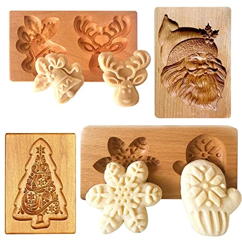 4 delar trä kakformar kex snidad träform gör det själv kakstämplar kakskärare rolig 3D press präglingsform för jul bakning verktyg 9331617940818