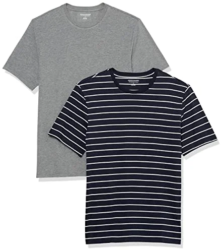 Amazon Essentials Herr Slim Fit kortärmad T shirt med rund hals, 2 pack, grå ljung/marinblå rand, Large 196433606497