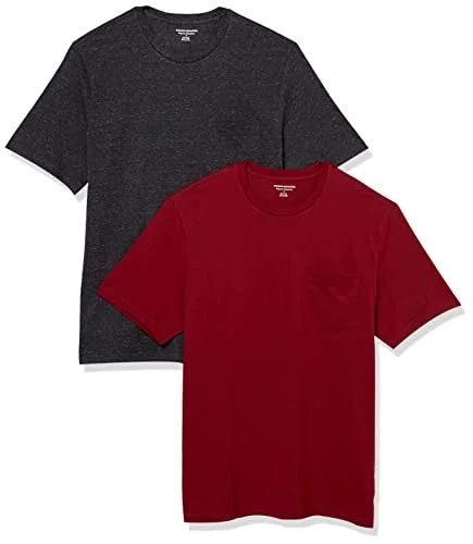 Amazon Essentials herr normal passform kortärmad rund hals ficka t shirt, paket med 2, vinröd/kol ljung, X Large 196433600648