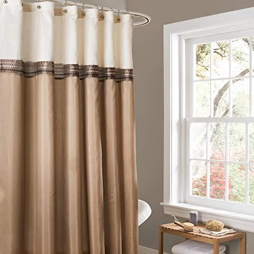 Frodig dekor beige/elfenben terra färgblock duschdraperi tyg randig neutral badrumsdekor, tum, 183 cm B x L 848742011768