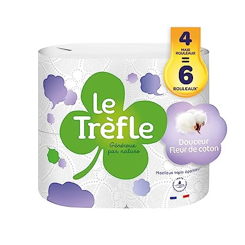 Le Trefle Douceur Fleur de Cotton Toalettpapper 4 maxirullar = 6 klassiska rullar bomullslotion återvinningsbar förpackning FSC® certifierad blandad 8004260295963