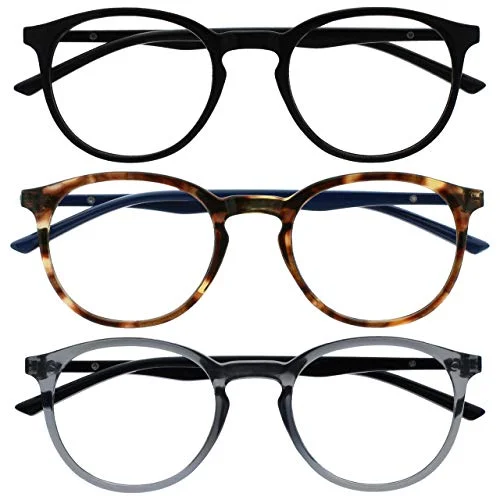 OPULIZE Met läsglasögon, blåljusfilter, 3 pack, smal, rund ram, fjädergångjärn, förbättrar sömn, dator, gaming, speglad, svart, brun, grå, män, kvinnor, BBB60 127 + 2,00 5055955378501