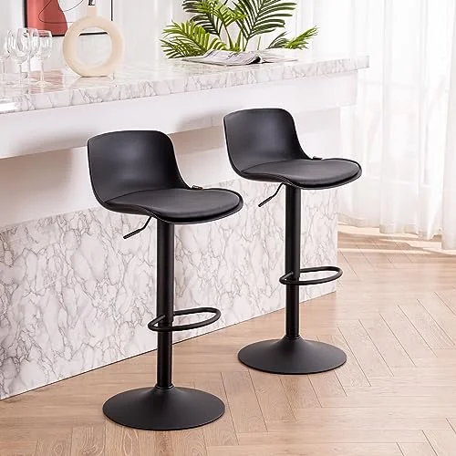 Kidol & Shellder barstolar Set om 2 med rygg, svart, 360 svängbara motpallar, justerbara barhöjd, PU täckt säte 756014925036