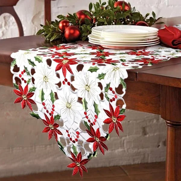 1 st, 38,1×177,8 cm Julbroderad bordslöpare Julstjärna Stechpalm Blad Bordslinne För Juldekorationer [DB] 1 st Julbroderad bordslöpare 1pc Christmas Embroidered Table Run HY-ZR-081710156