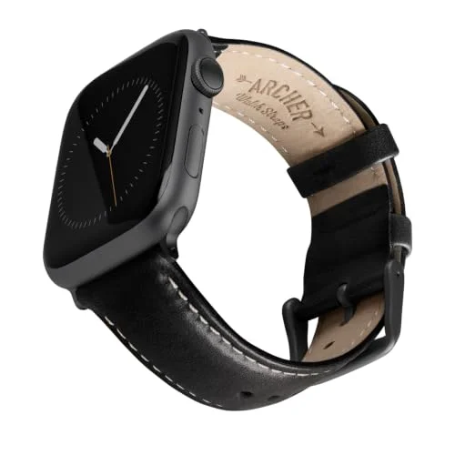 Archer Watch Straps Premium Läder Klockarmband för Apple (Svart/Naturvit Tråd, Rymdgrå, 44/45/46/49mm) 810054476115