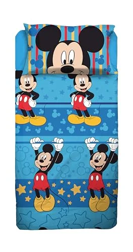 Mickey Mouse Musse Pigg, mellanstor säng, set med Disney överlakan, lakan hörn, örngott, blå, (100% bomull, officiell) 8300252074593