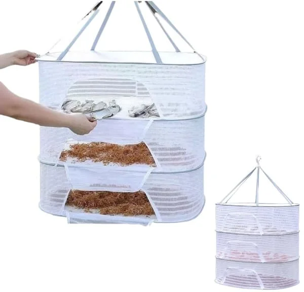 1-piece Herb Drying Rack – Three-layer Hanging Mesh Fabric, Foldable Hanging Clothes Rack – Mesh Laundry Basket – White CJ-YX-0812002631