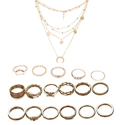 17 stycken vintage gyllene midiringar, fingerringsset och halsband i flera lager för kvinnor flickor, mode midiring nagelfingerband med förvaringslåda från PPX, Legering 631105047135