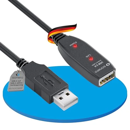 Sonero® USB 2.0 kabel, aktiv förlängningskabel med signalförstärkare, datakabel, A kontakt till uttag, 480 Mbit/s, 20,0 m, svart 4251364727027
