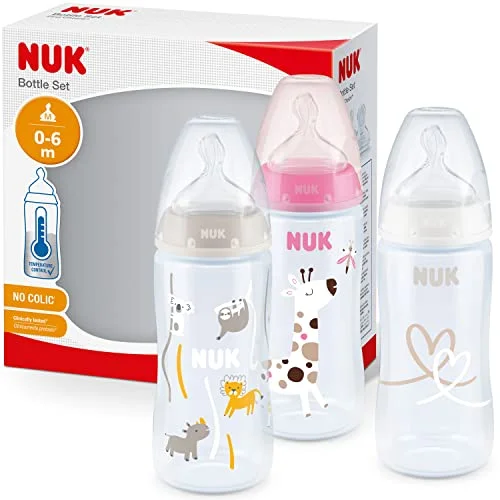 NUK First Choice+ nappflaska 0 6 månader Temperaturkontroll Antikolik ventil 300 ml BPA fri Dinapp i silikon 3 delar giraff (rosa) 4008600405542