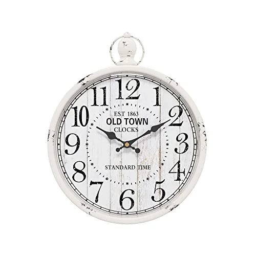 Menterry retro rund väggklocka. Vit vintage antik stil. Batteridrivna tysta väggklockor för bondgård, badrum, kök, sovrum, kontor, (30 cm H x 23 B) 695510554275