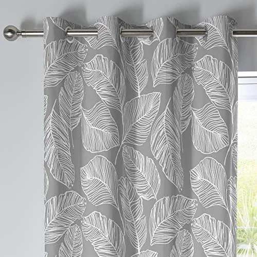 Fusion grå bladgardiner B 46 x L 54 (117 137 cm) 2 paneler 100% bomull öljettgardiner med lövtryck tropiska löv gardiner och draperier i grått Matteo kollektion 5056387721675