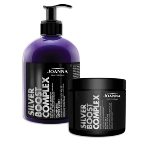 JOANNA Professional Silver Boost komplex schampo och hårbalsam set för kvinnor färgförbättrande neutralisering av oönskade gula toner kyliga reflexer i silver, innehåll 500 g 5901018934491