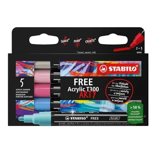 Akrylmarkör STABILO FREE Acrylic T300 linjebredd 23 mm 5 pack CANDY 4006381615143