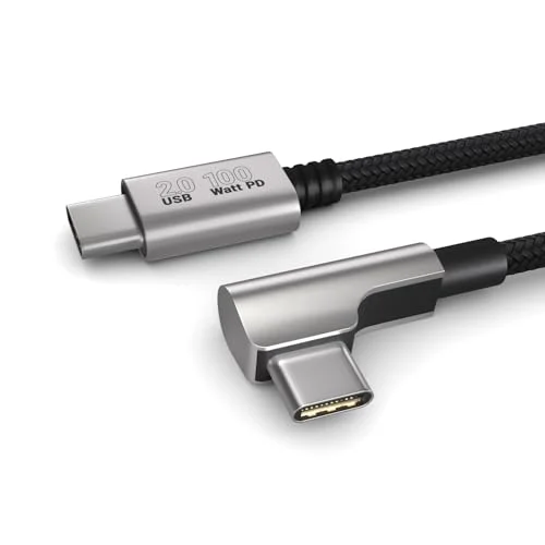 0,2 m laddkabel, 100 W kraftleverans, USB C till kabel, 2.0, elegant vinkelkontakt, särskilt flexibel tygkappa i svart 4056531124179