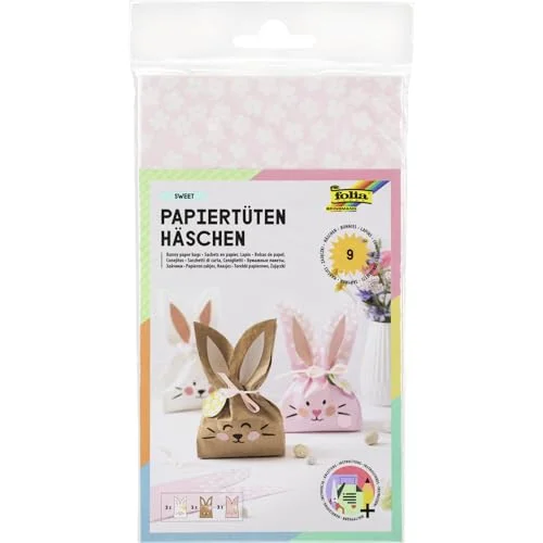 folia 41292 papperspåsar kaniner, pysselset för 3 unika papperskaniner, 9 påsar vardera i vitt, brunt och rosa, inkl. snöre 4001868129830