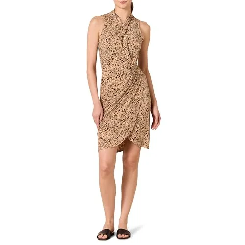Amazon Essentials ärmlös crossover tvinnad hals falsk wrap klänning, ljus kamel leopard, stor 196433527044