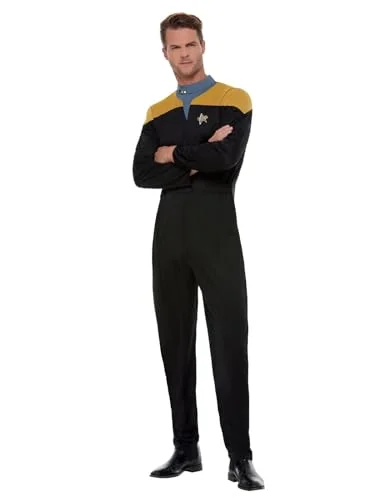 Smiffys Star Trek kostym, Voyager Operations Uniform i guld och svarta vuxna overall, Delta Badge & Rank Insignias, outfit, officiell Halloween maskeraddräkt 5020570634721