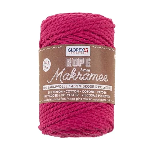 GLOREX 5 1007 36 makramérep 3 mm, 250 g, neonrosa, längd 63 m, vriden, supermjukt textilgarn av 60% bomull, 40% viskos, för virkning, stickning, knytning och textildesign 7610877599915