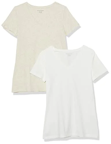 Amazon Essentials Women's Kortärmad V ringad T shirt klassisk passform, Pack of 2, Havregryn ljung/Vit, S 196433846855