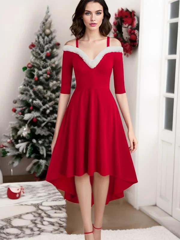 1 Julklänning med fuskpälskrage och off-shoulder-ringning – Perfekt juldräkt för fester L SD05-367 1 Julklänning med fuskpälskrage och off-shoulder-ringning – Perfekt juldräkt för fester L SD05-367