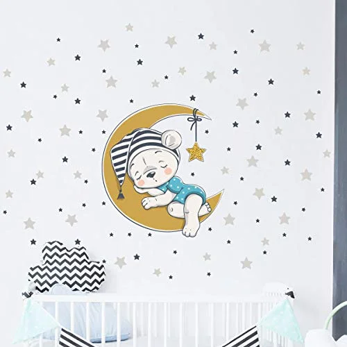 väggklistermärken för barn dekoration babyrum björn på månen + 100 stjärnor väggklistermärke pojkar H30x L30 cm 5415231504534 väggklistermärken för barn dekoration babyrum björn på månen + 100 stjärnor väggklistermärke pojkar H30x L30 cm 5415231504534