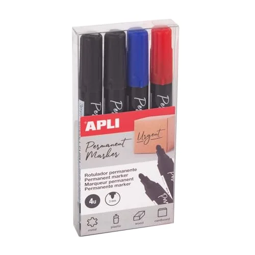 APLI 19685 4 pack permanenta markörer med rund spets 3 mm, blandade färger 8410782196853