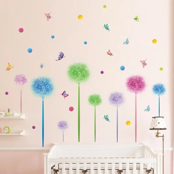 1 set Färgglada Maskros Väggdekal Blommiga Väggstickers Fjärilar och Prickar Väggdekor DIY Väggmålning Konst för Sovrum Vardagsrum Väggdekoration EN054561Z
