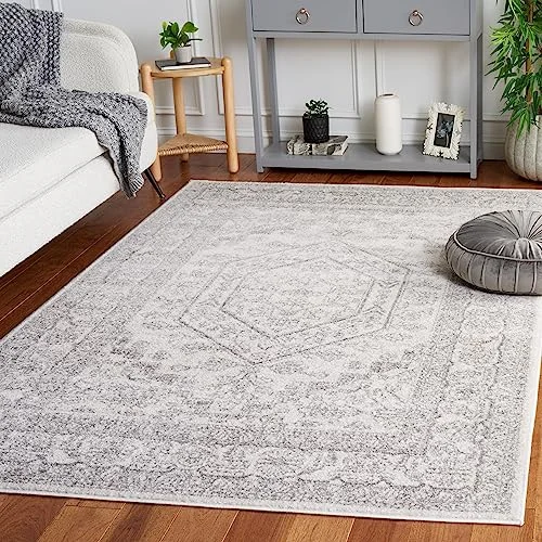 SAFAVIEH Medaljongsmatta för vardagsrum, matsal, sovrum Adirondack kollektion, kort lugg, i elfenben och silver, 122 x 183 cm 683726539469