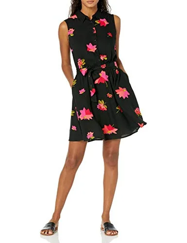 Amazon Essentials ärmlös vävd skjorta klänning för kvinnor, svarta rosa blommor, Small 194223977543