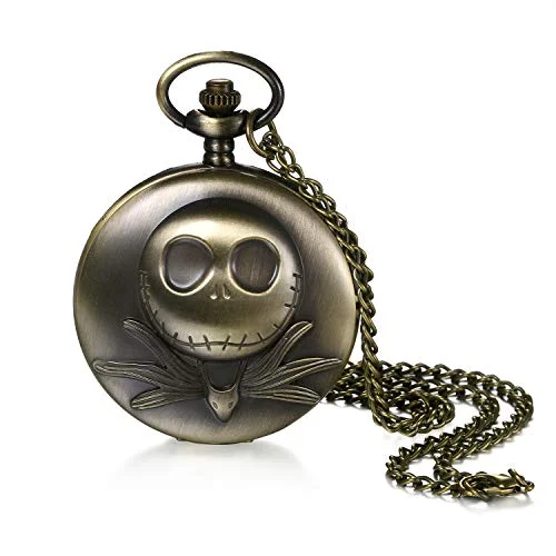 Avaner Retro brons fickur vintage punk skalle halsband klocka mardrömmen före jul kvartsklocka med 38 cm kedja för halloween kostym, S4 6971087165927