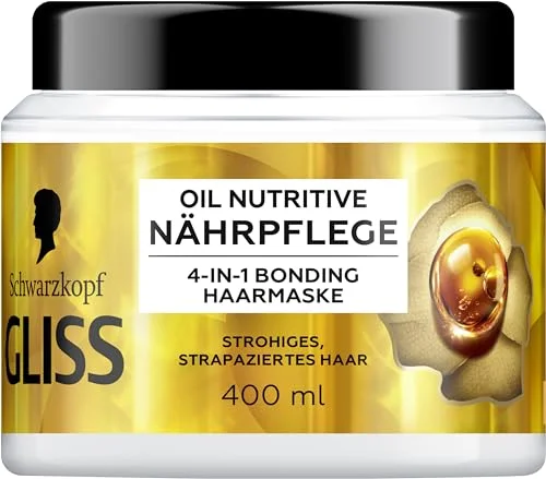 Gliss 4 i 1 behandling närande olja Nutritive (400 ml), hårbehandling med HAPTIQ System & Marulaolja ger näring åt stram, skadat hår, hårmask sensuell jämnhet 4015100840568