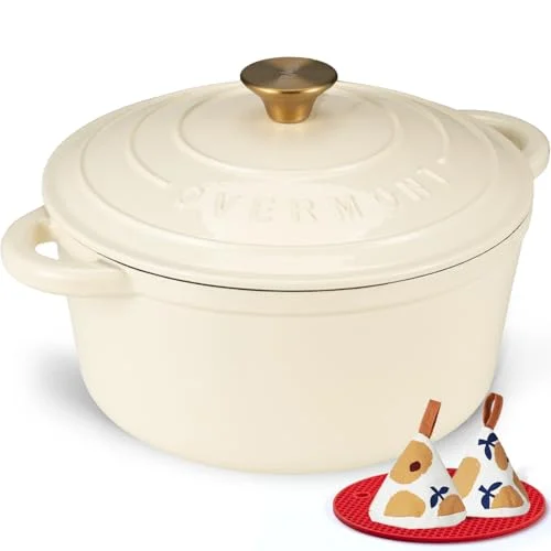 Overmont 4,2 L emaljerad gjutjärn rund gryta med lock kokbok & bomull grytlappar non stick holländsk ugn köksredskap för flätning, grytor, rostning, bröd bakning vit, 24 cm 5060990789854