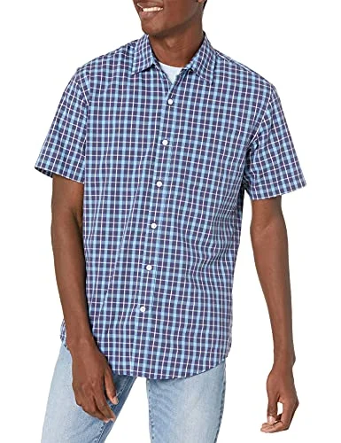 Amazon Essentials Men's Kortärmad poplinskjorta med normal passform, Marinblå Rutig, M 191770241349