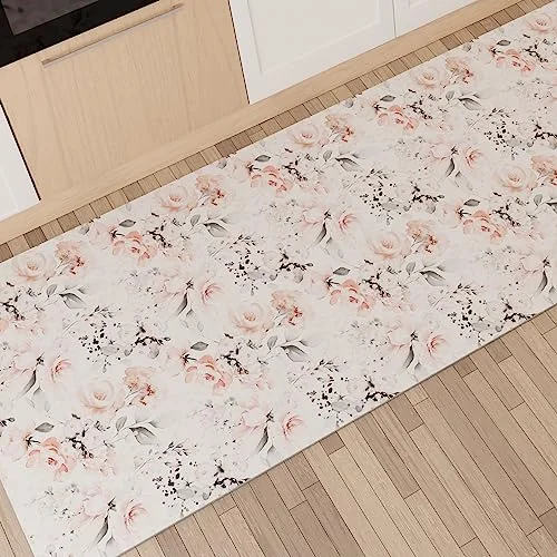 PETTI Artigiani Italiani Köksmatta löpare kök halkfri och tvättbar 52 x 180 cm blommönster 17 vit 100% tillverkad i Italien 8056992316911