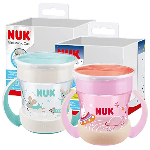 NUK Mini Magic Cup Night läckagesäker mugg från 6 månader 160 ml 360 kant för att dricka alla sidor lyser i mörkret BPA fri kanin (rosa) 2 pack 4008600421078